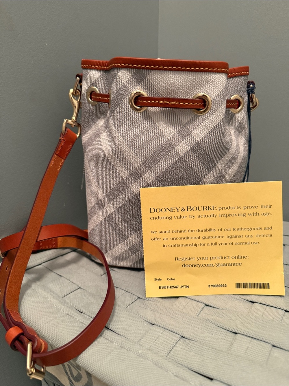 Dooney & Bourke Small Grey Plaid Bucket Crossbody with Brown Leather Trim - Picture 7 of 7